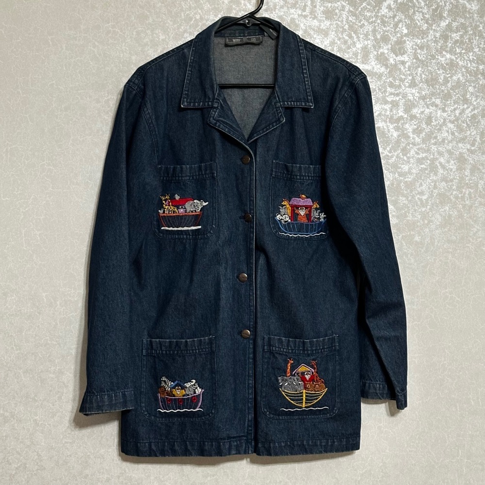 Way To Go‎ VTG Denim Jacket Noah's Ark Embroidered Animal Chore Coat Dark Wash L